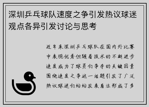 深圳乒乓球队速度之争引发热议球迷观点各异引发讨论与思考